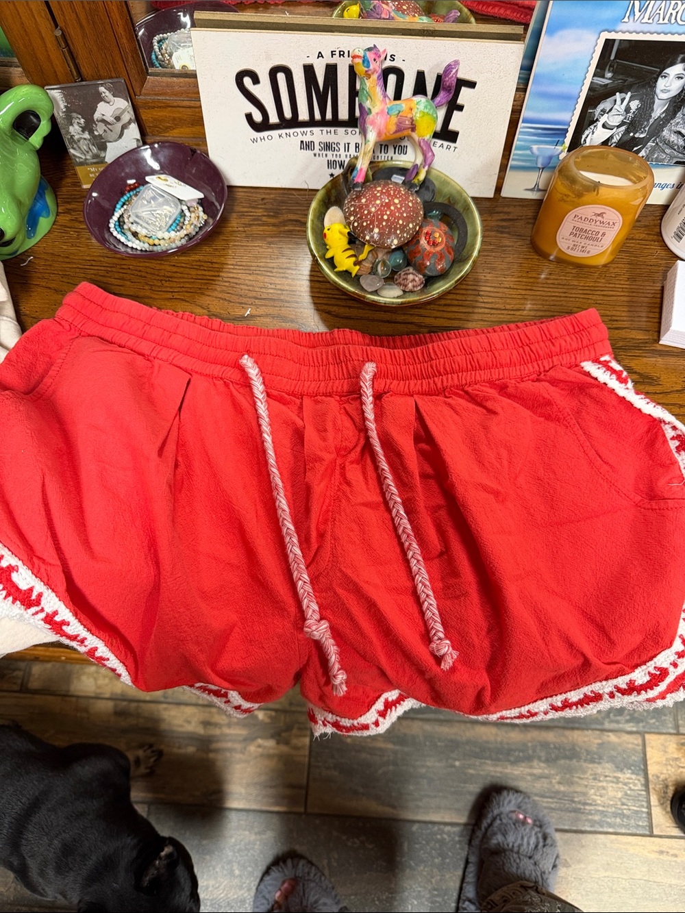 Free People Red Drawstring Athletic Shorts with White Trim